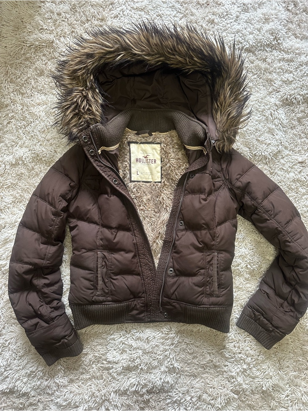 Vintage Hollister Dark Brown Faux Fur Hooded Puffer Jacket Women’s L Y2K
